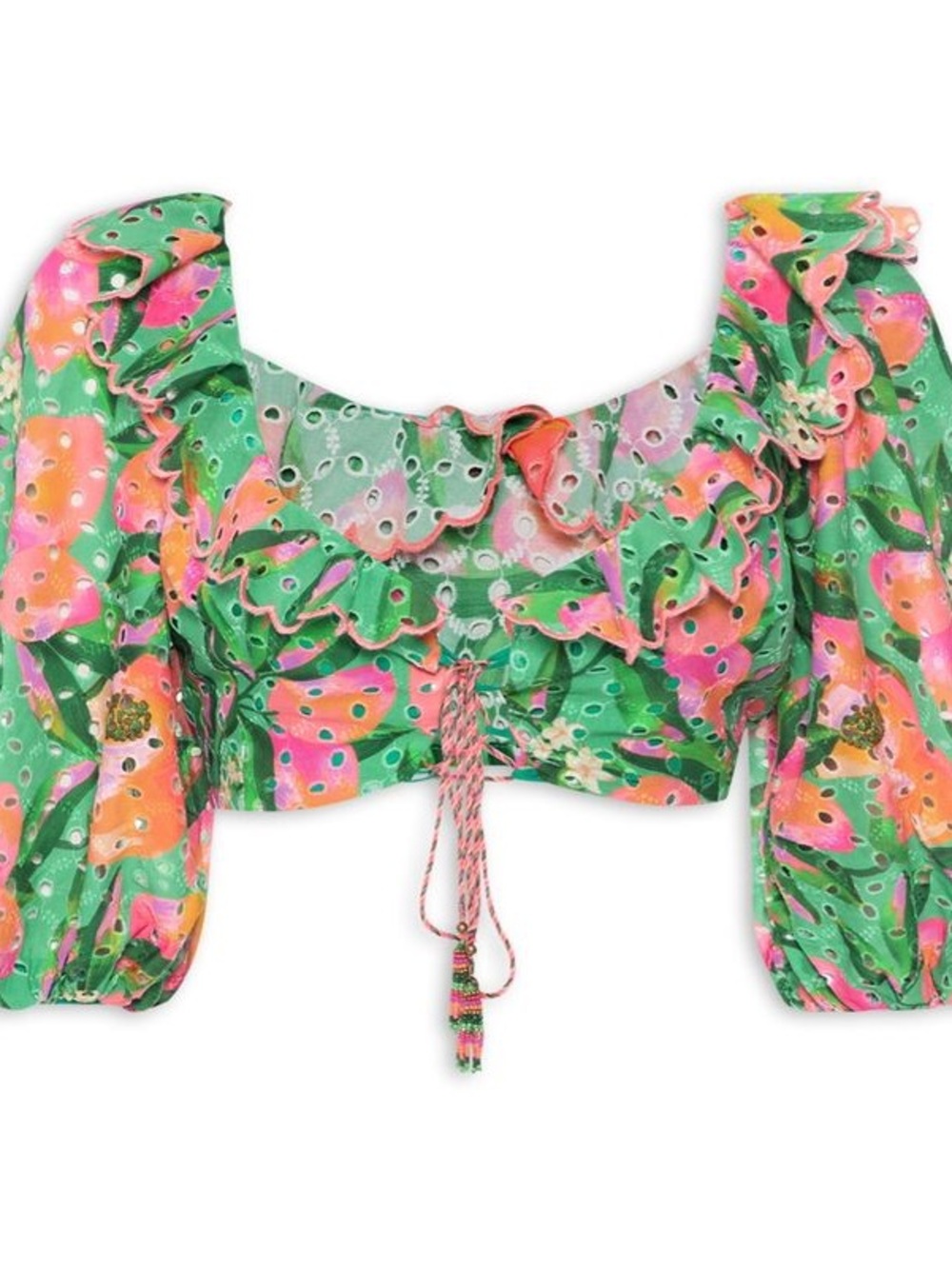 FARM Rio Green Floral Ruffle Tie-Front Crop Top with Pink & Orange Accents